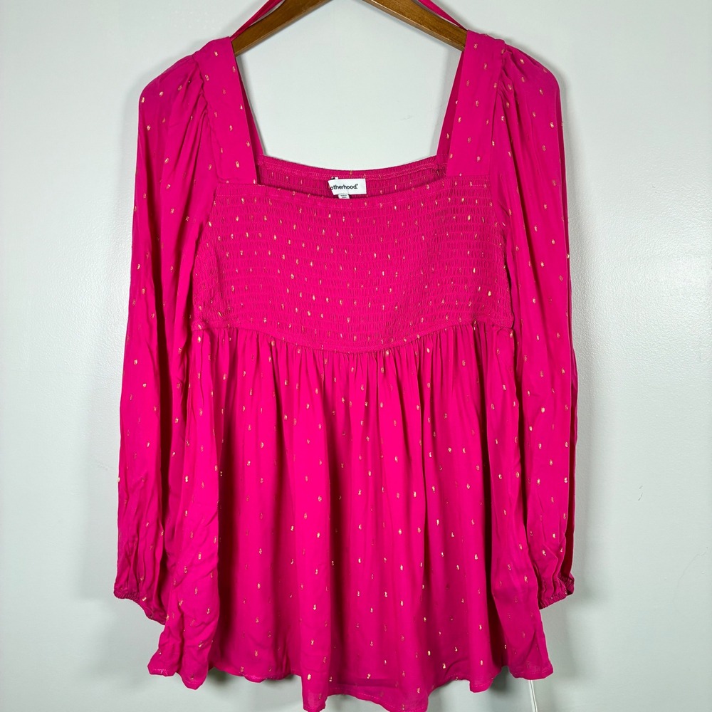 Motherhood Maternity Blouse S Gold Dot Smocked Peplum Top Boho Chic Babydoll